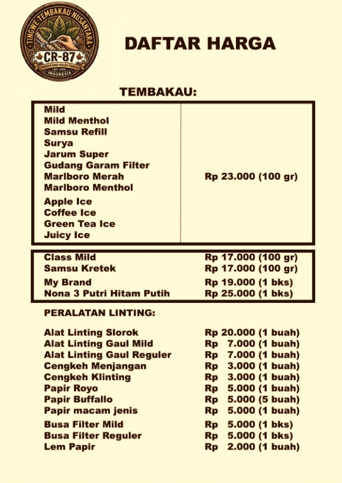 List harga tingwe CR87 tingwe CR87